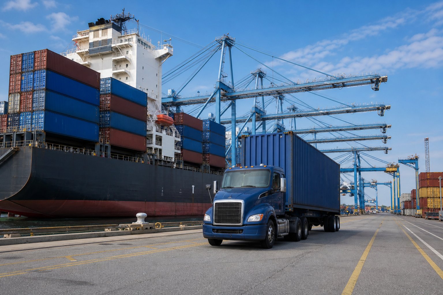 Container ship, port cranes, and a drayage truck at a marine terminal