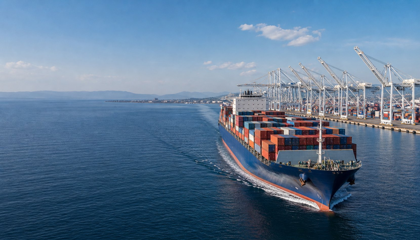 Container vessel approaching a working port with gantry cranes