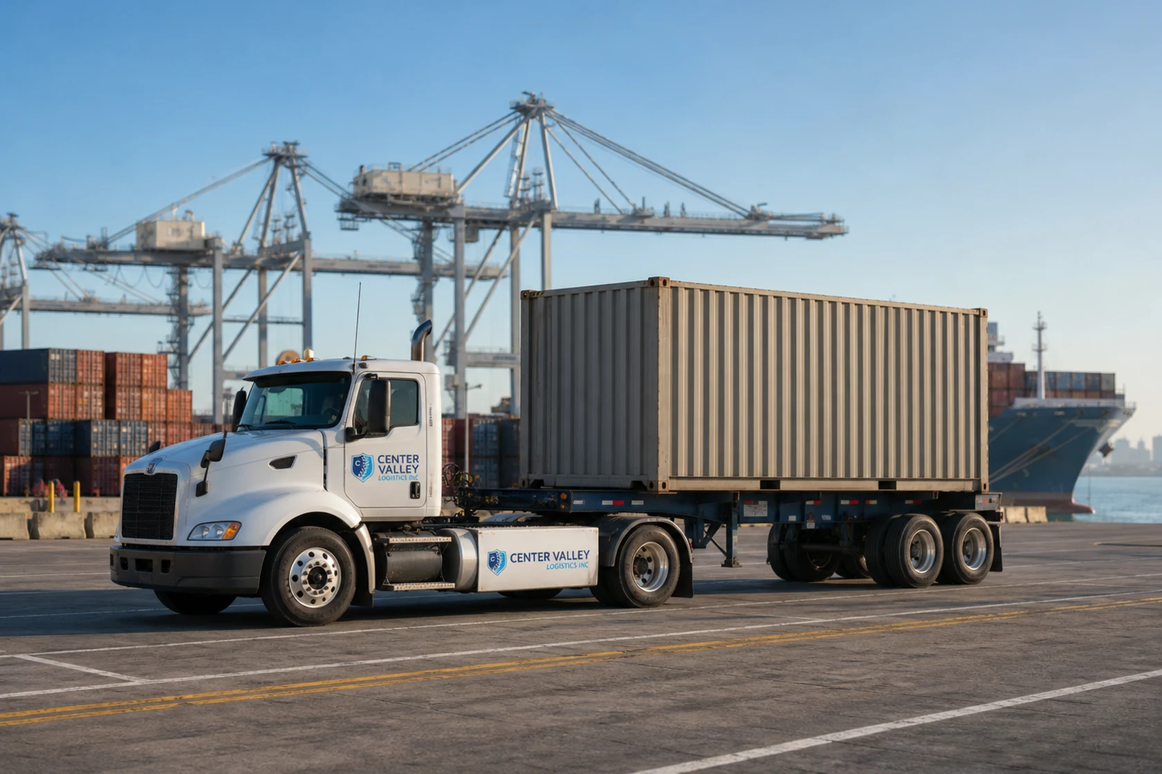 Center Valley Logistics drayage tractor moving an unbranded container at a marine terminal