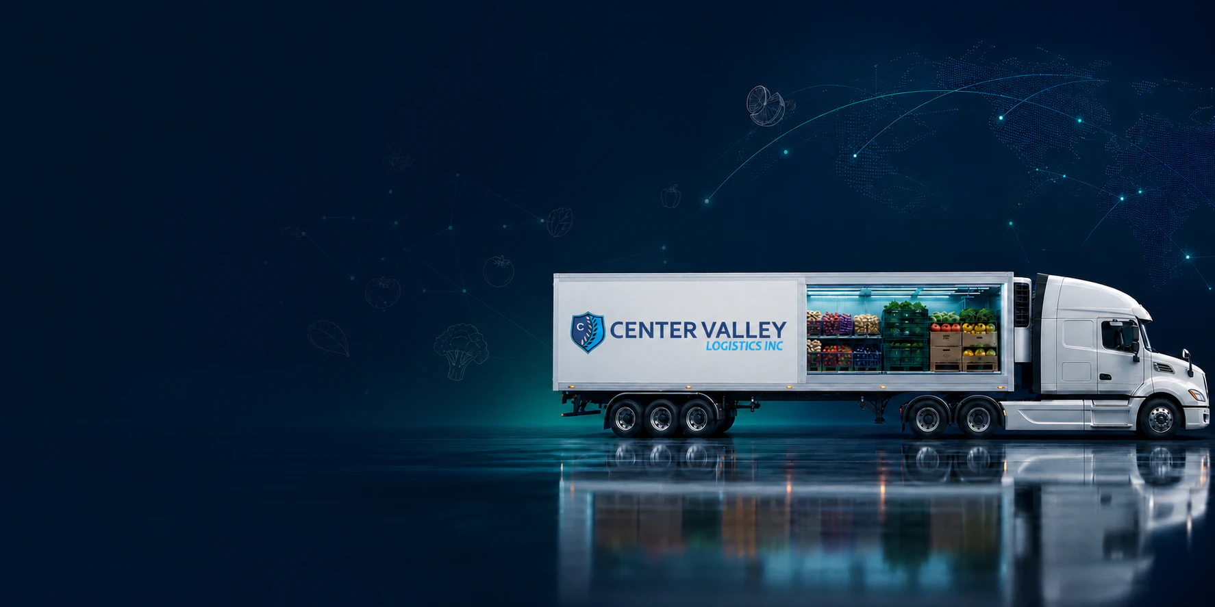 Center Valley Logistics refrigerated tractor-trailer with organized fresh produce and route-planning graphics