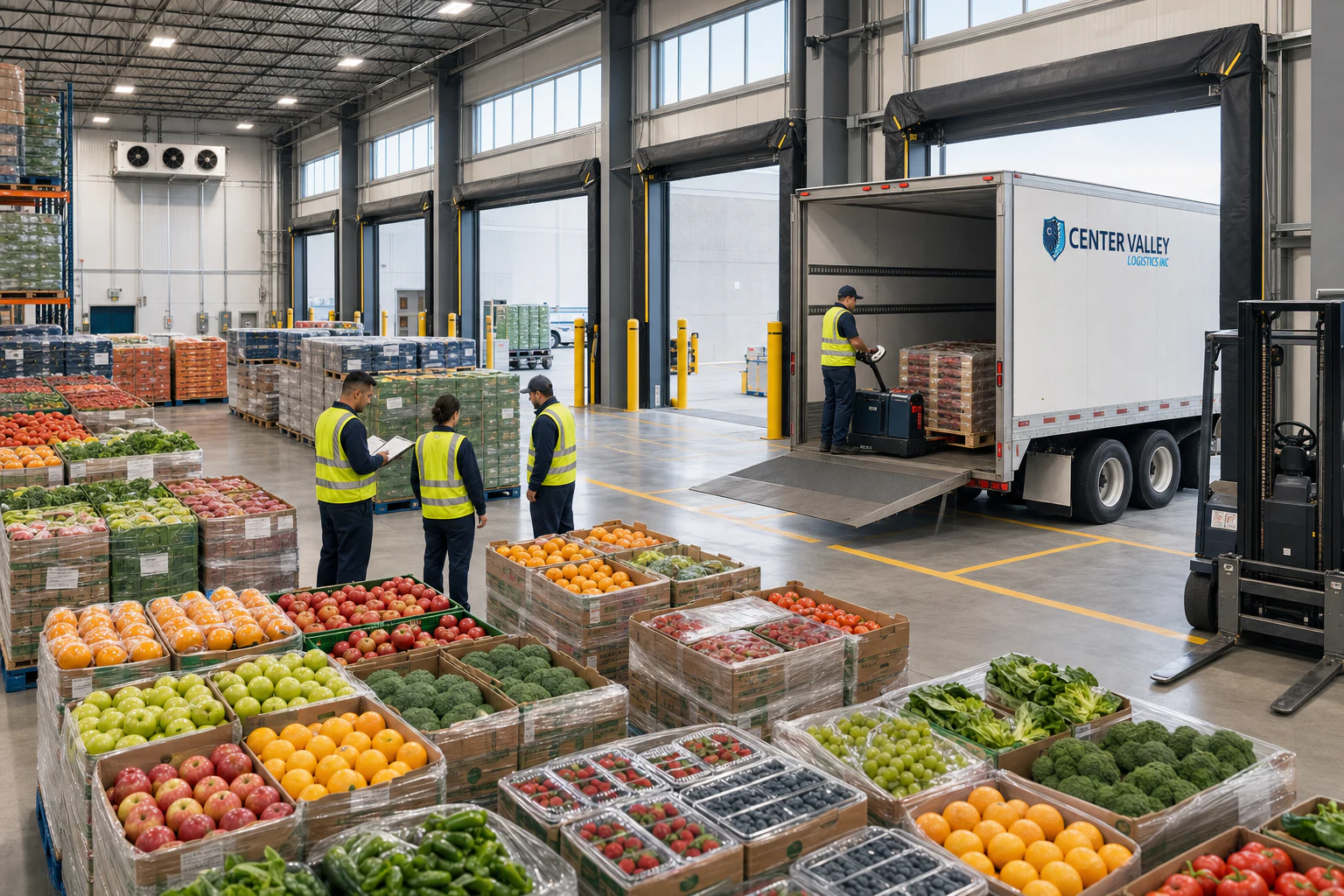 Fresh produce staged in organized outbound lanes at a refrigerated distribution center
