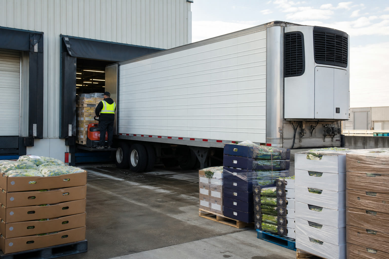 Refrigerated equipment and palletized produce prepared for loading