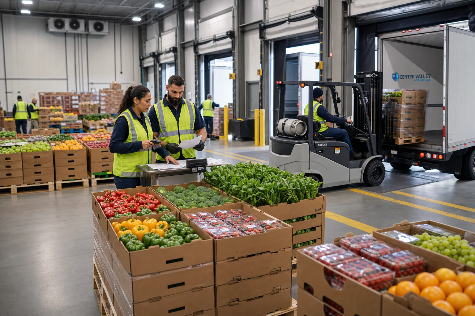 Produce logistics team reviewing pallet details as a refrigerated trailer is loaded at a distribution facility