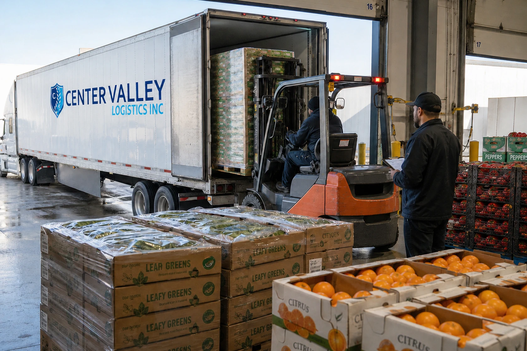 Center Valley Logistics refrigerated trailer being loaded with palletized fresh produce