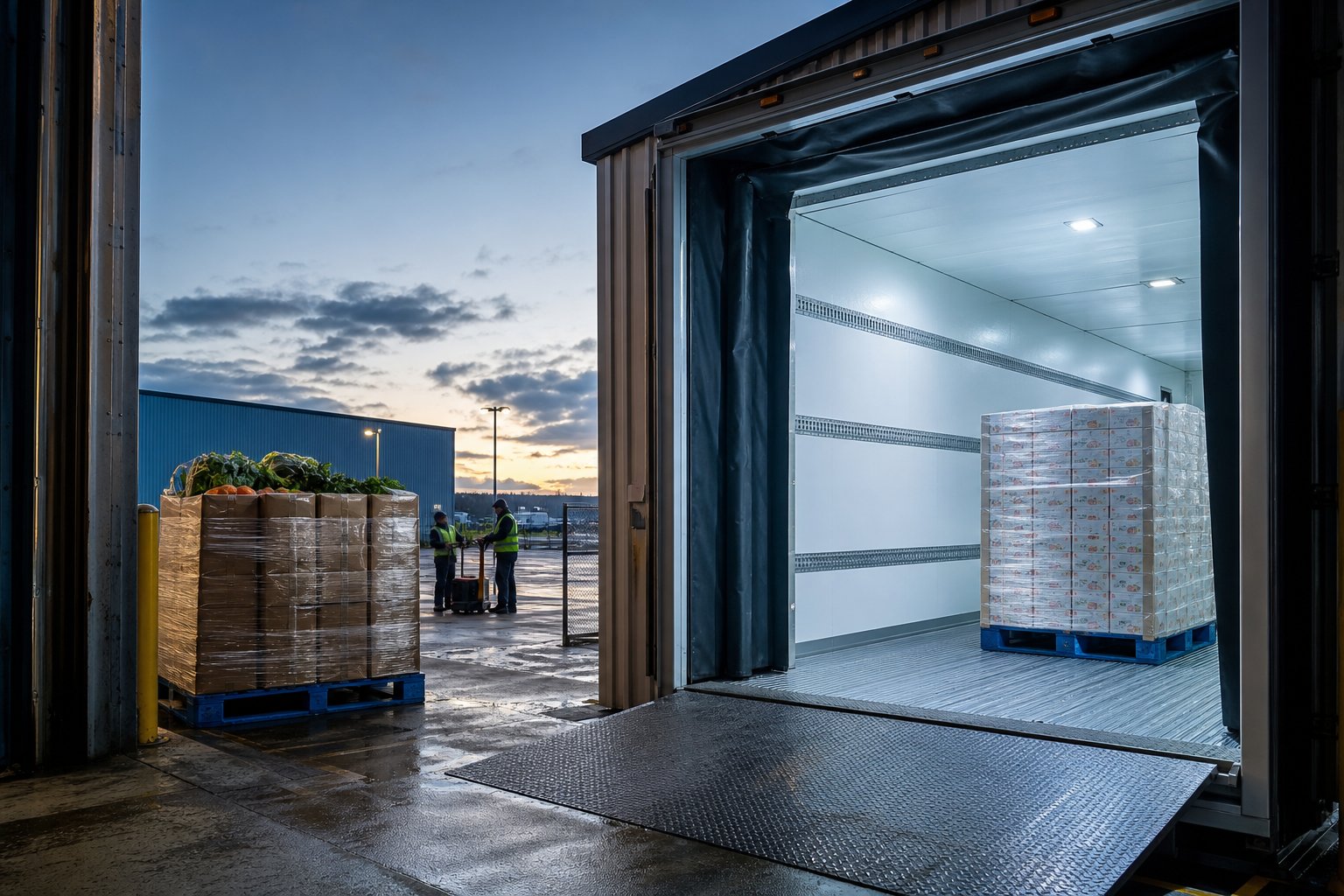 Palletized food freight at an open refrigerated trailer