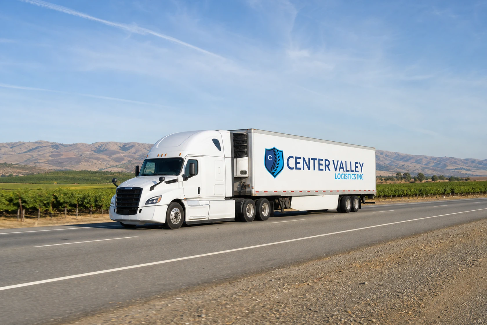 Center Valley Logistics refrigerated tractor-trailer traveling through a California agricultural valley
