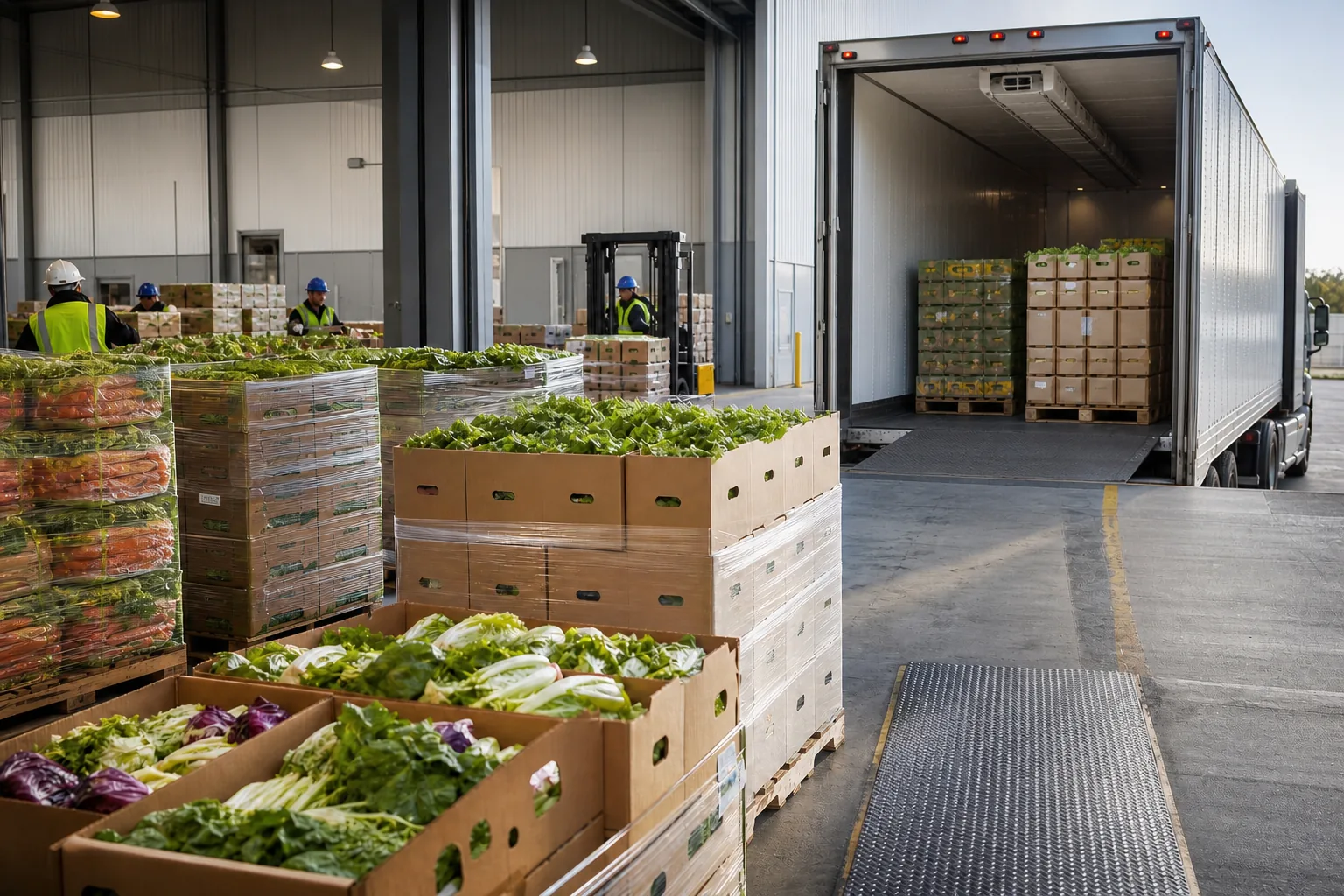 Palletized fresh produce prepared beside a refrigerated trailer